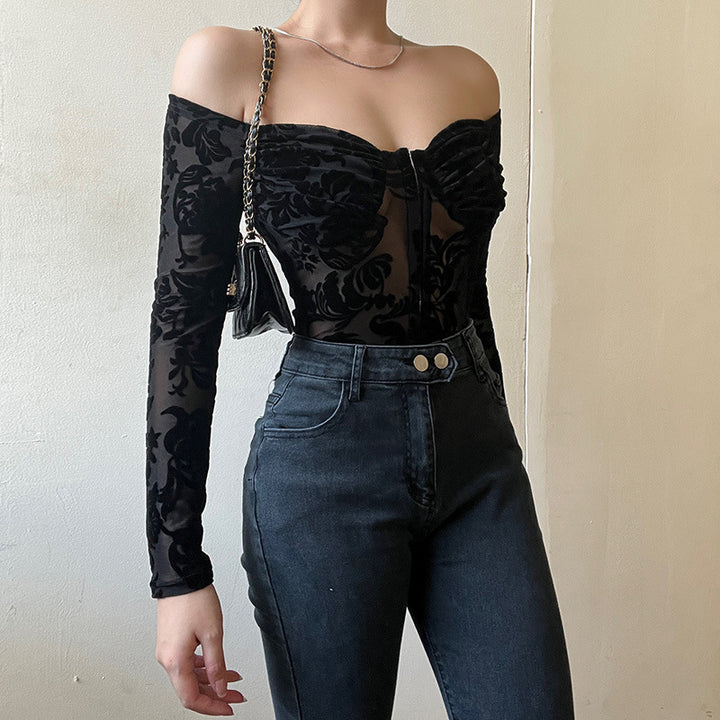 Dame spitze bustier med skulderfri design og lange ermer Skjora