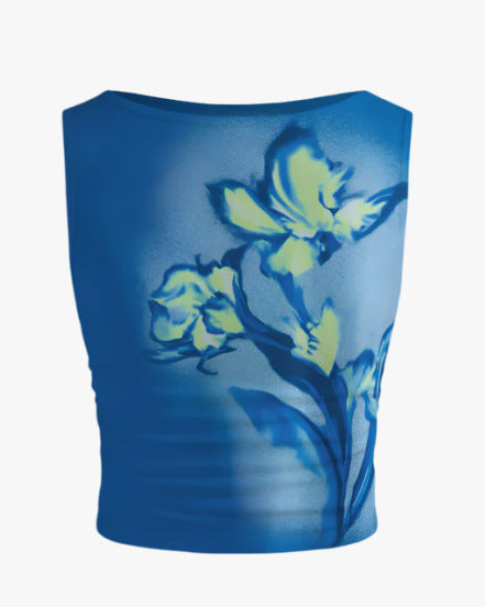 Dame ermeløs Crop-Top med blomstermotiv og tettsittende snitt Skjora