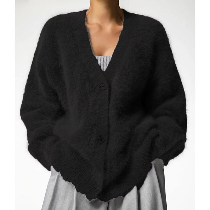Kvinne Koselig Cardigan med Dyp V-Hals og Oversized Klipp Skjora
