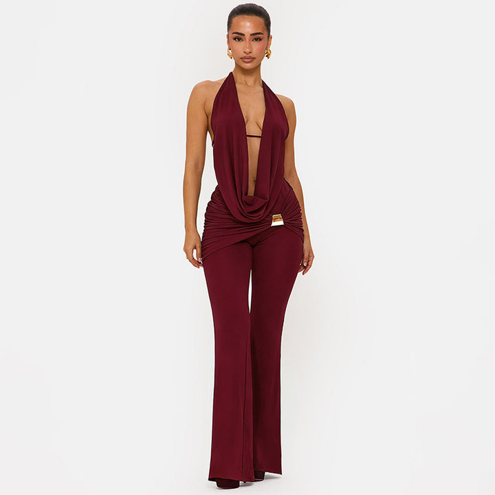 Damer elegant, figurnær jumpsuit med dyp utringning og vide ben Skjora