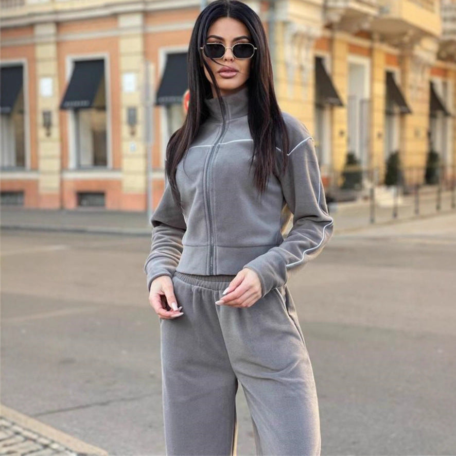 Damer Casual Fleece Cropped Set med Løs Passform og Elastisk Liv Skjora