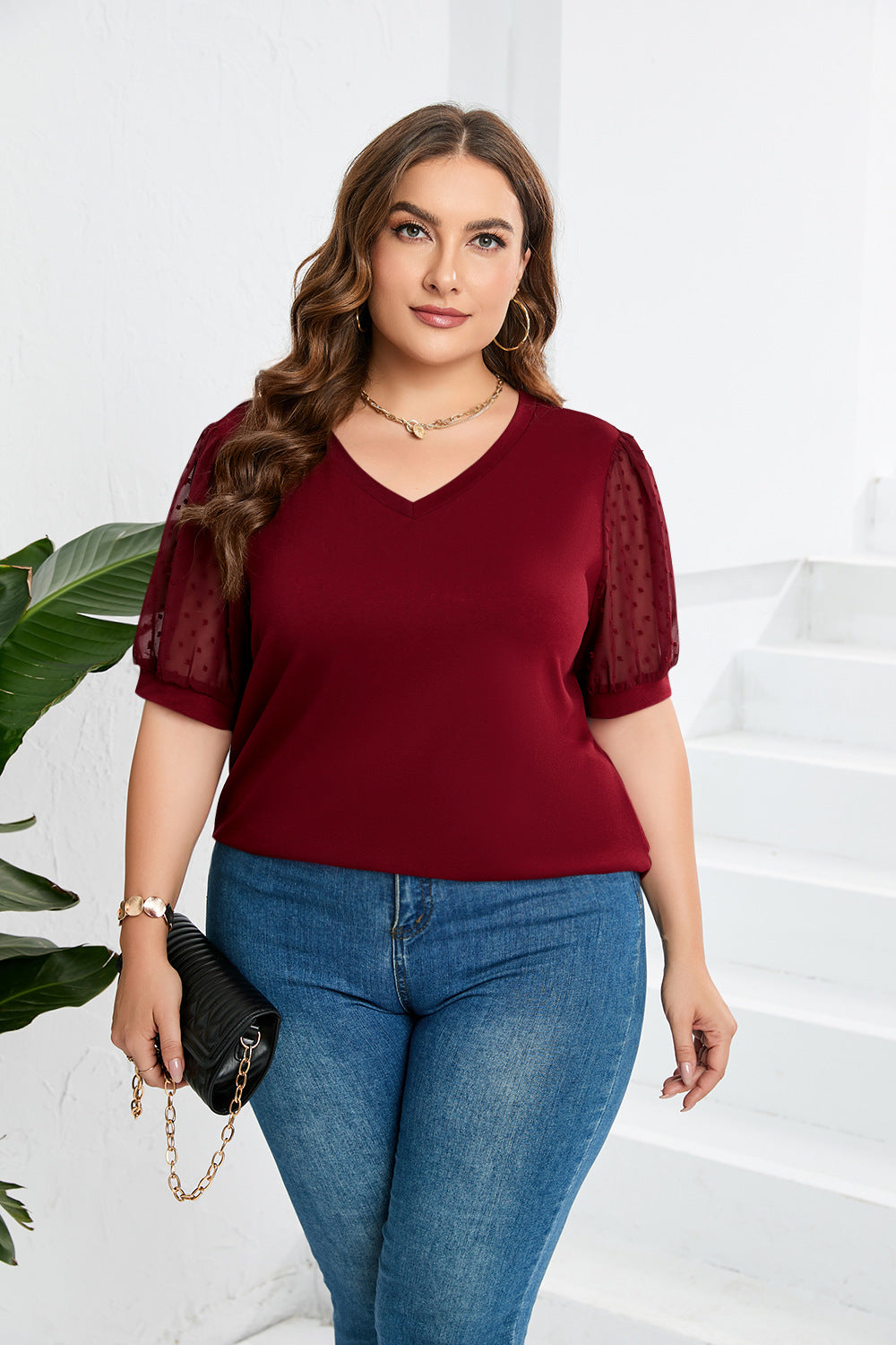 Dame elegant bluse skjorte med transparente puff ermer og V-hals Skjora