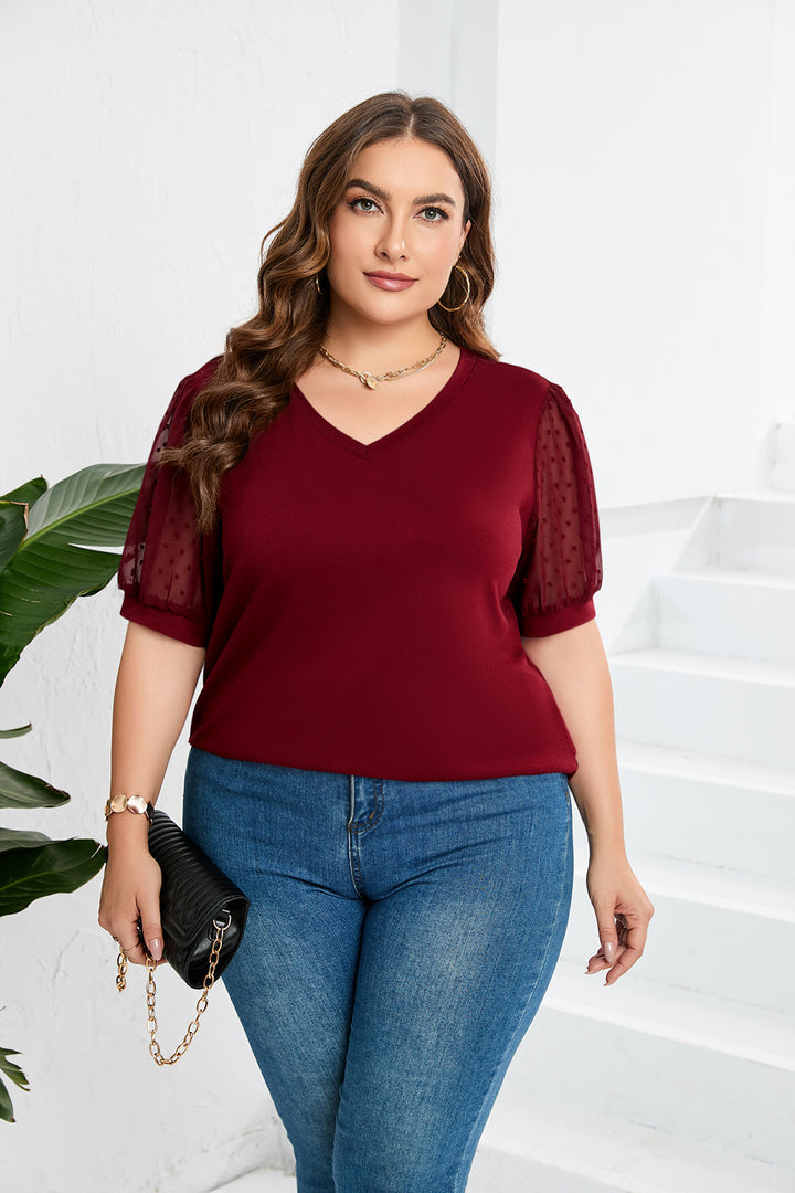 Dame elegant bluse skjorte med transparente puff ermer og V-hals Skjora