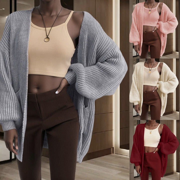 Damer chunky strikket cardigan med voluminøse ermer og praktiske lommer Skjora