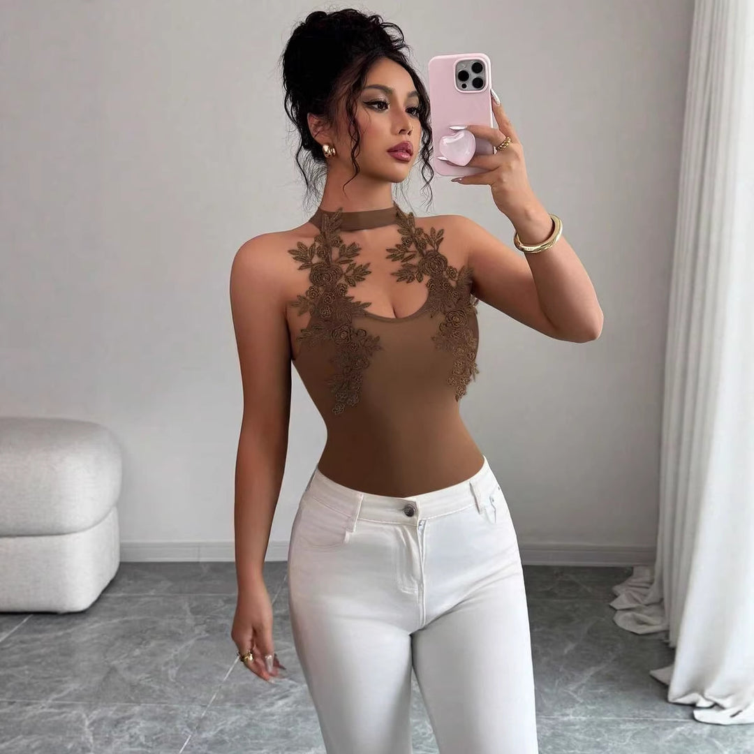 Dame Elegant Bodysuit med blomstrete blonderinnlegg Skjora