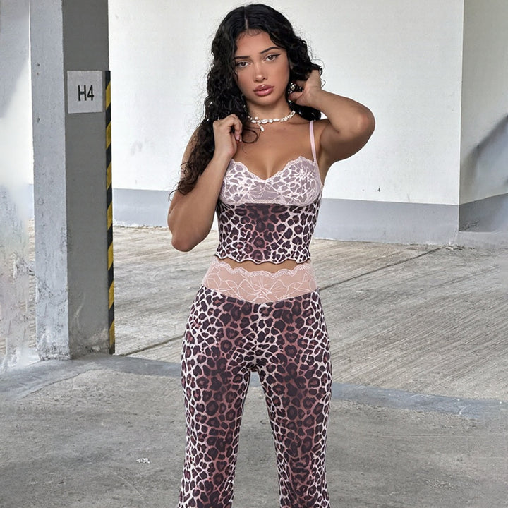 Dame Erotik Jumpsuit med leopardmønster og spisse stropper Skjora