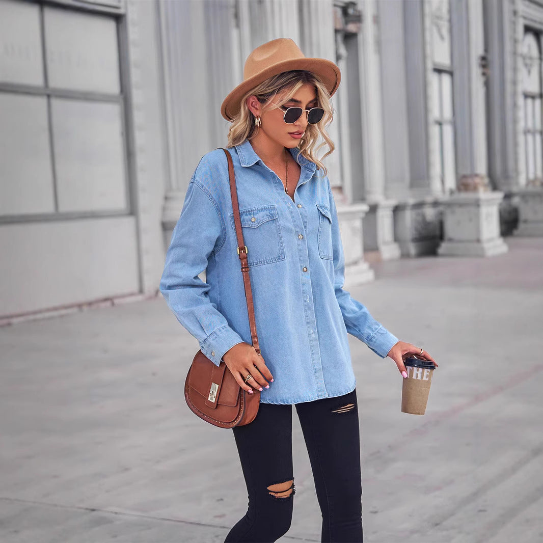 Kvinne Casual Denim Skjorte Bluse med Brystlommer Skjora