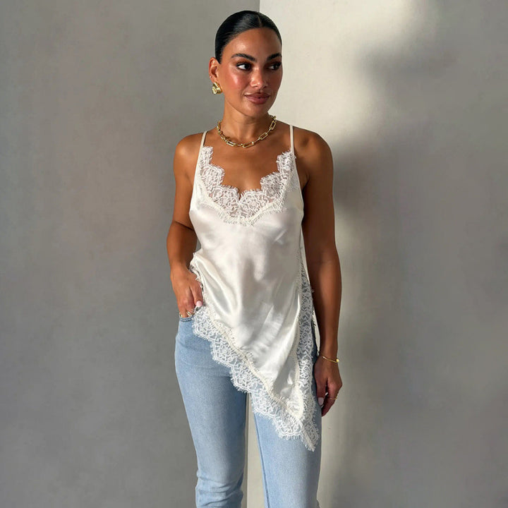 Dame Satin Top med blonderdetaljer Skjora