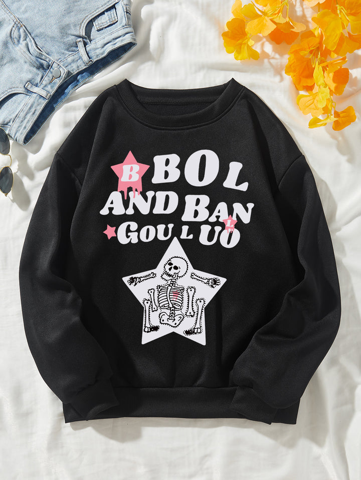 Dame avslappet sweatshirt med kreativt skjelettdesign Skjora
