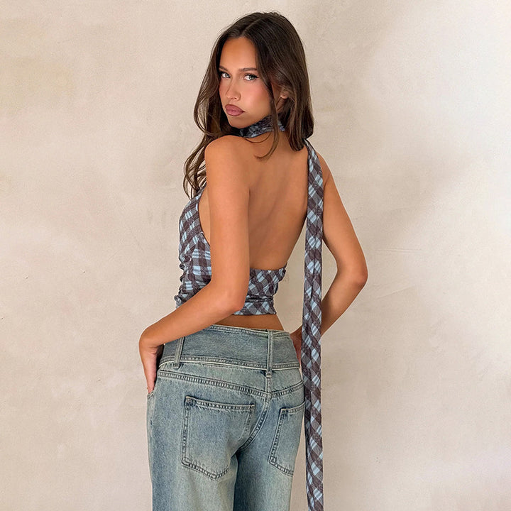 Dame Crop Top med rynke og trendy rutemønster Skjora