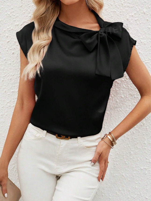 Dame Elegant Satengbluse med Sløyfedetalj Skjora