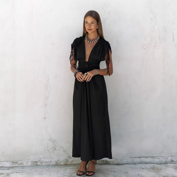 Dame elegant Maxi Kjole med raffinert innpakningsdesign og dyp V-hals Skjora