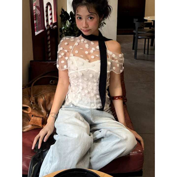 Dame Elegant off-shoulder topp med polka dots og rynking Skjora