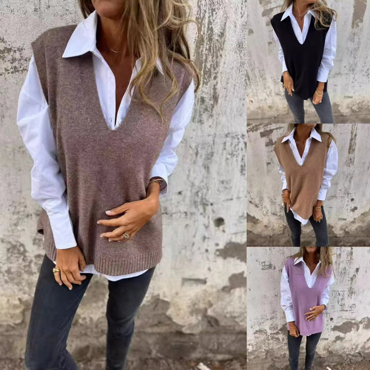 Damer elegant strikket vest med V-hals og fine ribbedetaljer Skjora