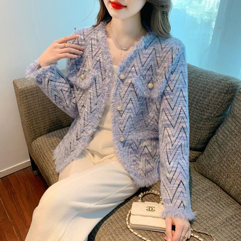 Kvinnelig motet cardigan med chic zigzag mønster og elegante knappdetaljer Skjora