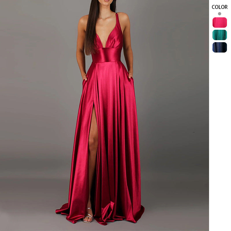 Damer Elegant Maxi Kjole med Dyp V-Hals og Moderne Splitt