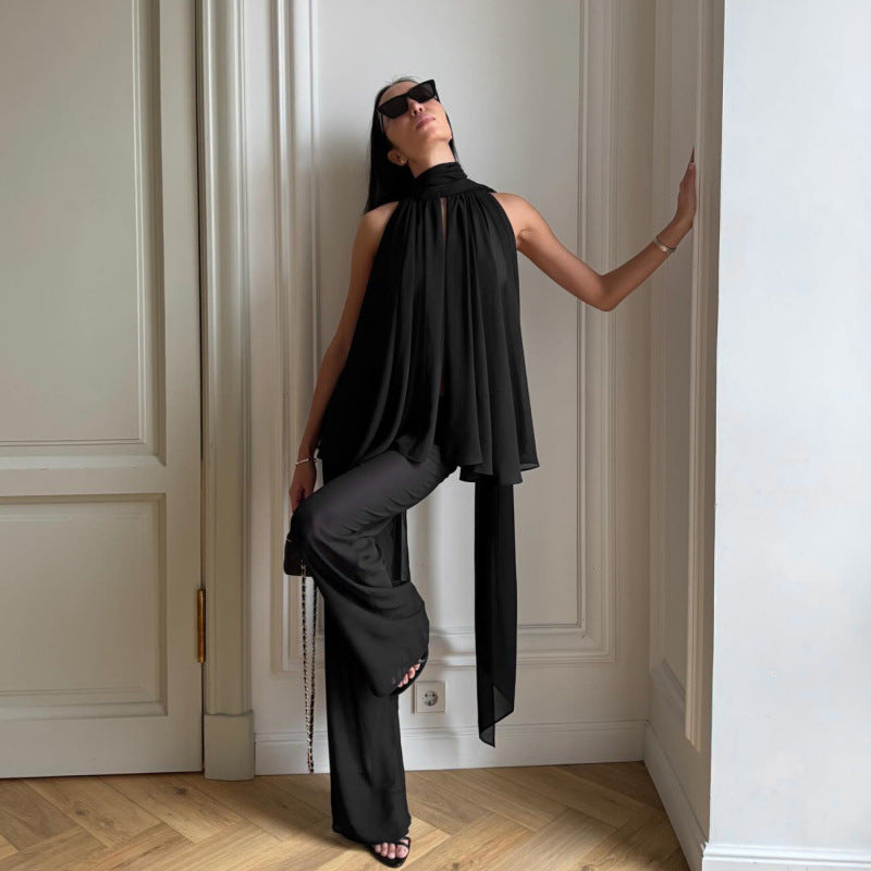 Damer Elegant chiffon topp med dyp vannfallutskjæring og flytende stoff Skjora