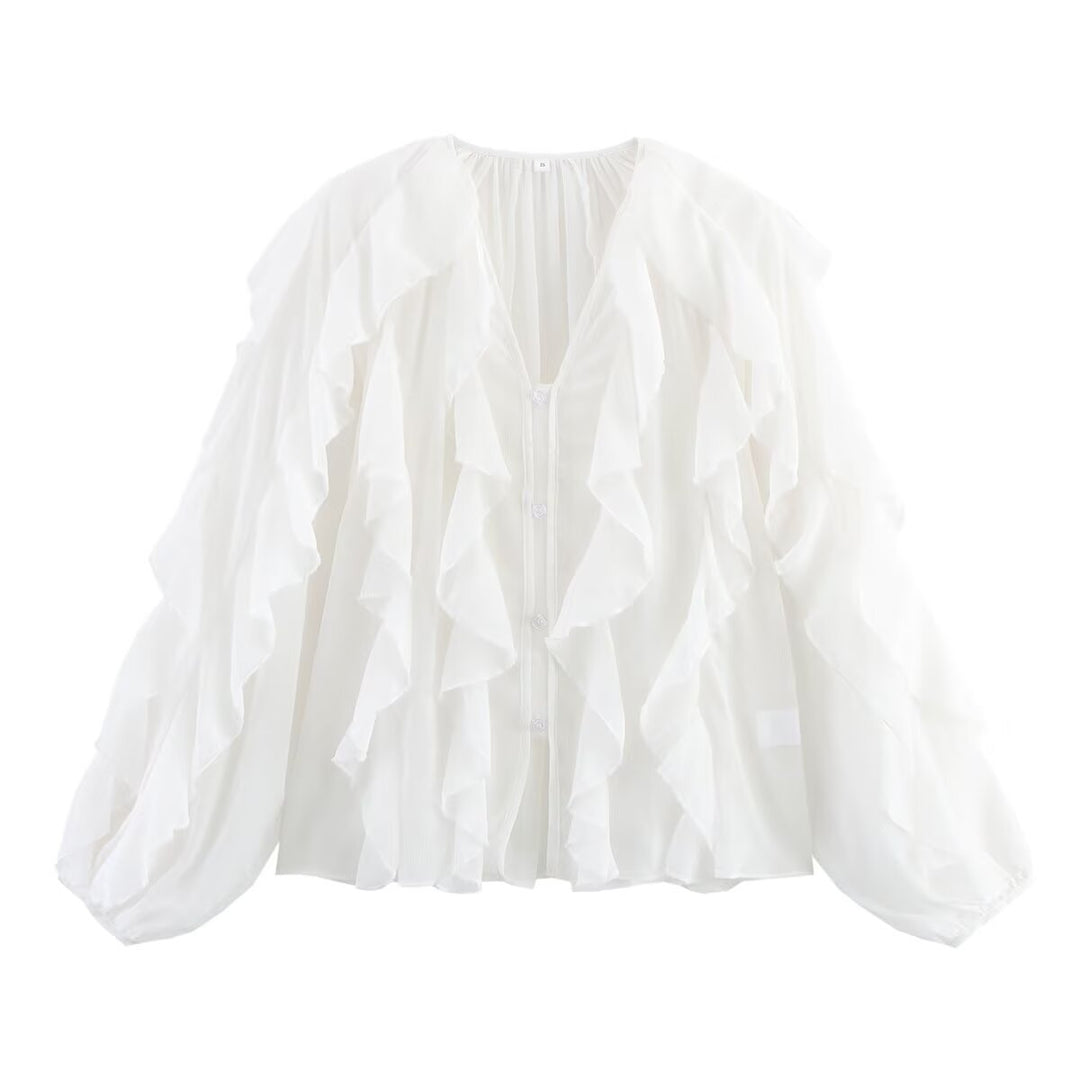 Kvinnes Elegant Volang Bluse med Voluminøse Ermer Skjora