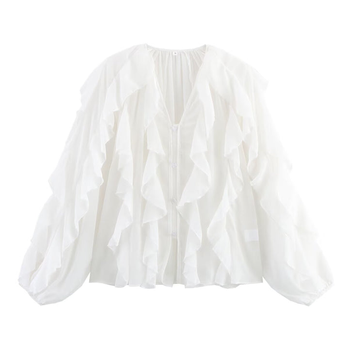 Kvinnes Elegant Volang Bluse med Voluminøse Ermer Skjora