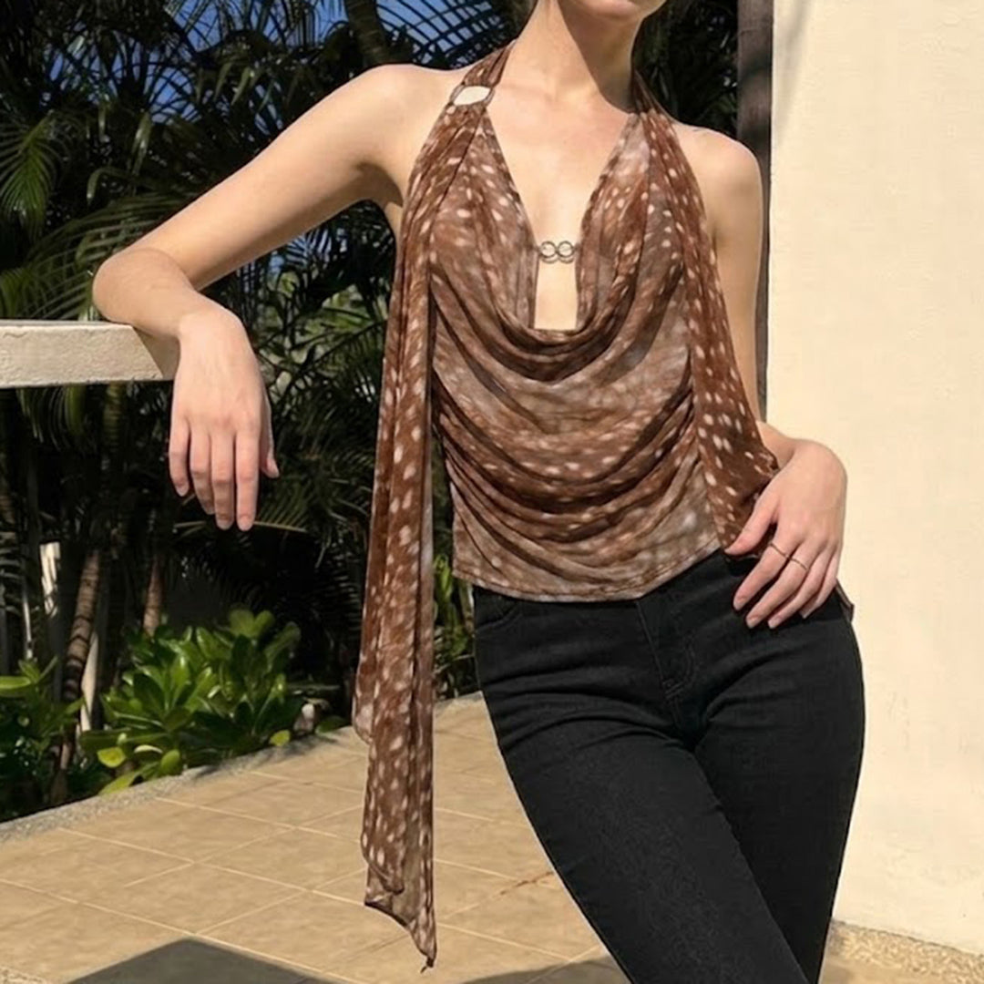 Damer Stilig Halterneck Bluse med Drapering Skjora
