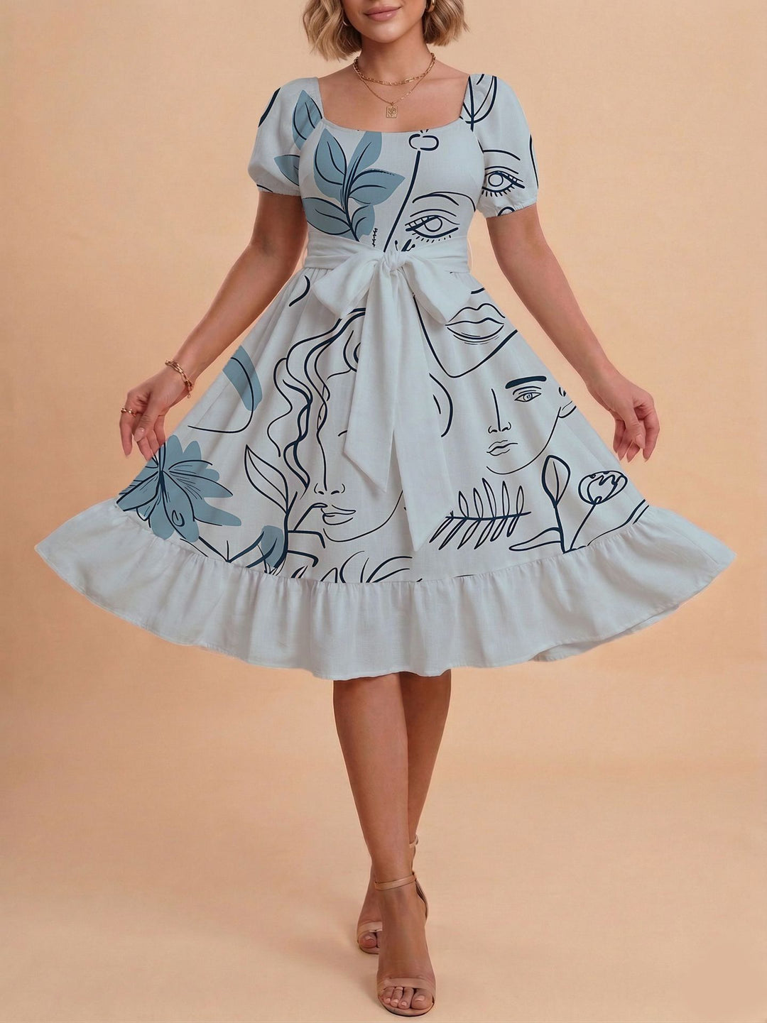 Damen Retro Maxikleid mit Puffärmeln und Taillengürtel Skjora