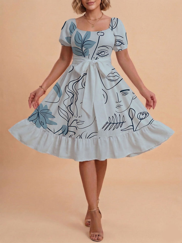 Damen Retro Maxikleid mit Puffärmeln und Taillengürtel Skjora