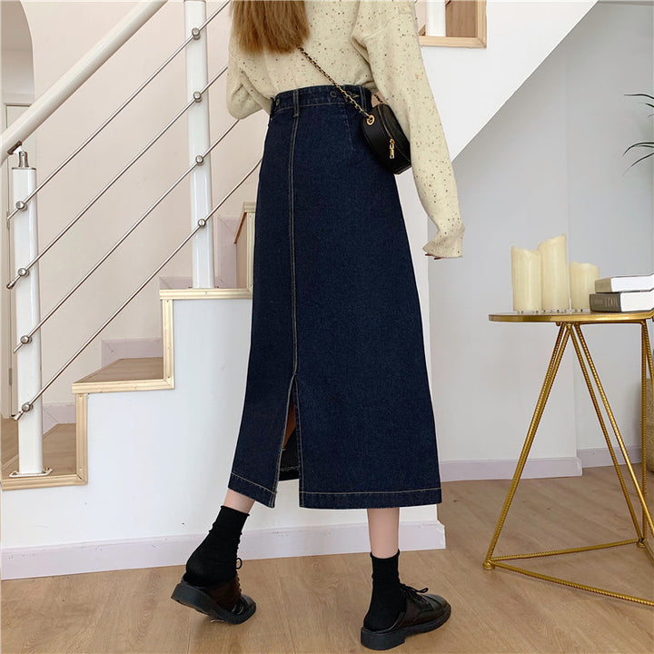 Dames denim midi skjørt med høy midje Skjora