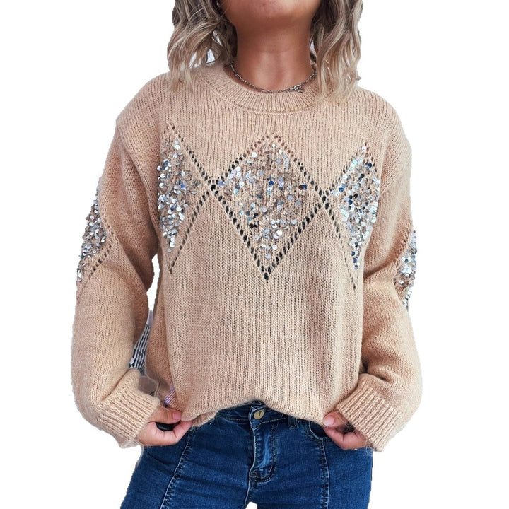 Kvinnes elegant strikket genser med glitrende paljett detaljer Skjora
