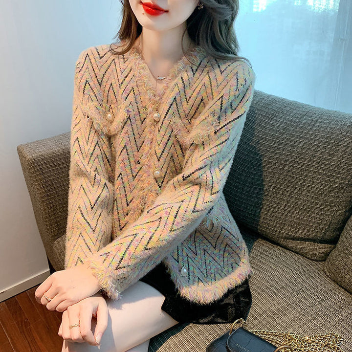 Kvinnelig motet cardigan med chic zigzag mønster og elegante knappdetaljer Skjora