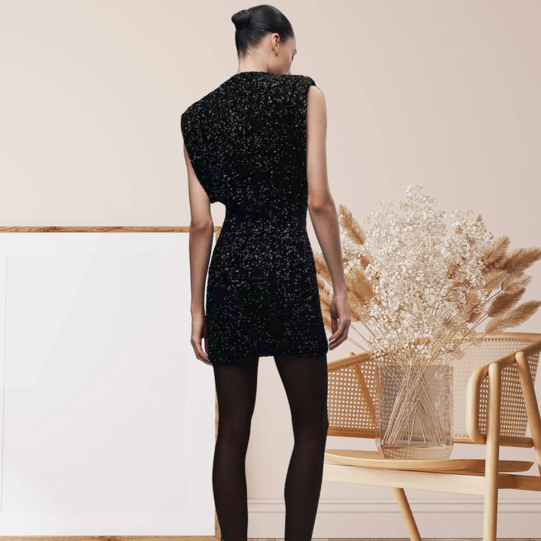 Women's Elegant Cocktail Dress with Shimmering Sequin Design and High Neck Collar