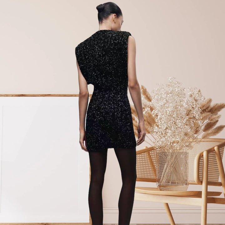 Women's Elegant Cocktail Dress with Shimmering Sequin Design and High Neck Collar