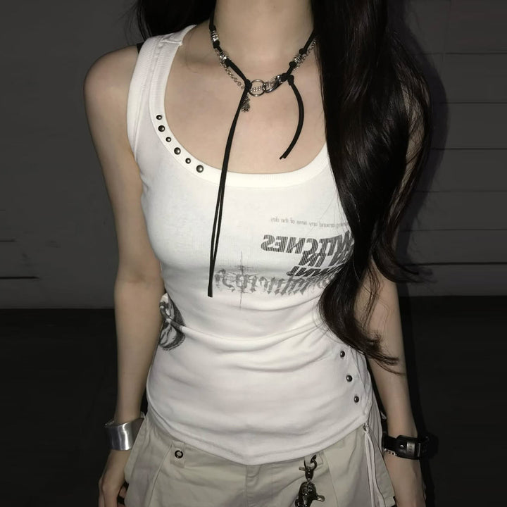 Dame Trendy Oversized Tanktop med iøynefallende grafisk trykk og volanger Skjora
