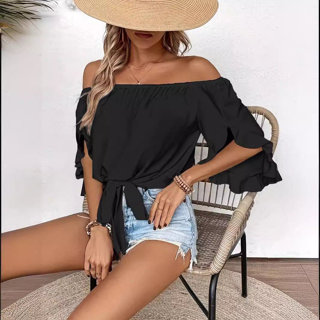 Dame Off-Shoulder-bluse med volangdetaljer og midjebinding Skjora