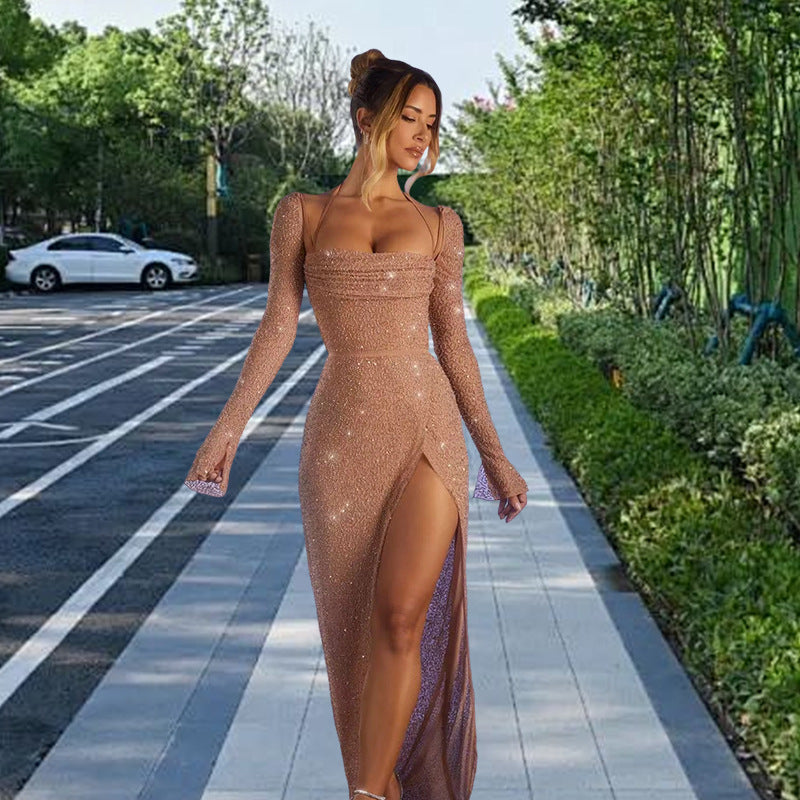Damer Glamorous Maxi Kjole med Glitrende Detaljer og Sideslitt Skjora
