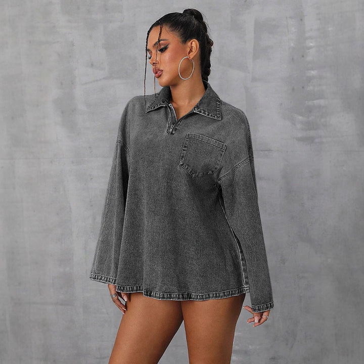 Kvinnelig oversized denimbluse med praktisk glidelås og avslappet krage Skjora