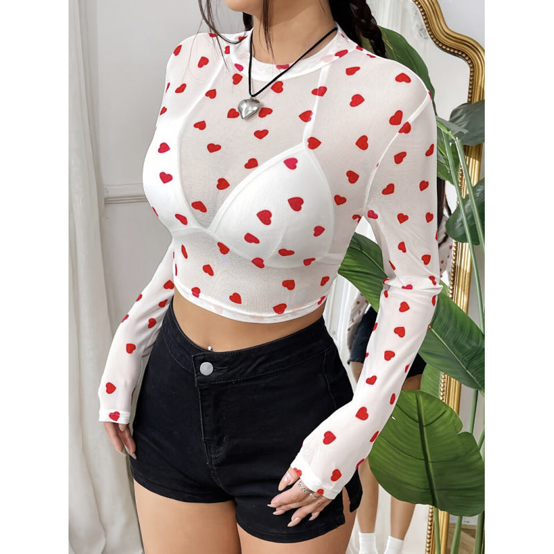Damer Langermet Cropped Topp med Hjerteprint og Gjennomsiktig Utseende Skjora