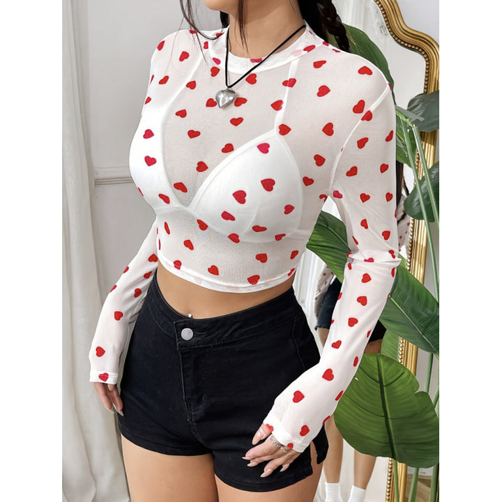 Damer Langermet Cropped Topp med Hjerteprint og Gjennomsiktig Utseende Skjora