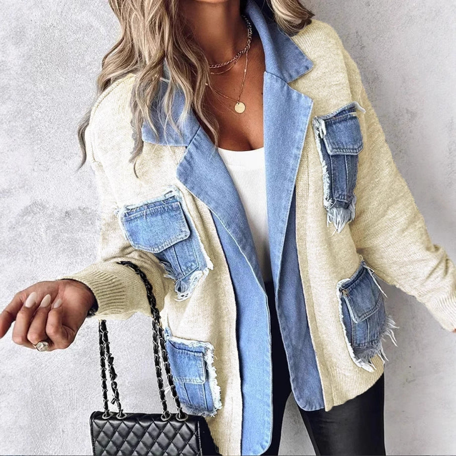 Kvinnelig casual cardigan med to brystlommer og detaljvennlig denim Skjora