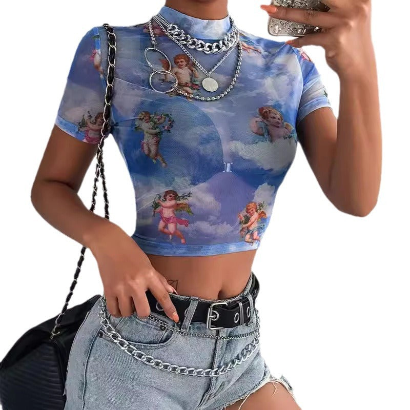 Damer Høyhalset Crop-Top med romantiske engelmotiver Skjora