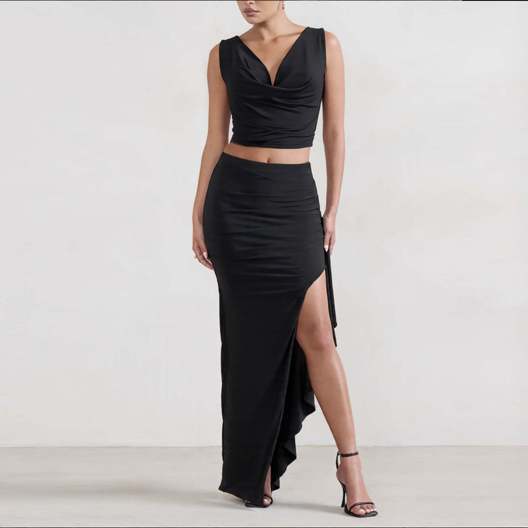 Women's Elegant Crop Top and Maxi Skirt Set with High Slit Skirt