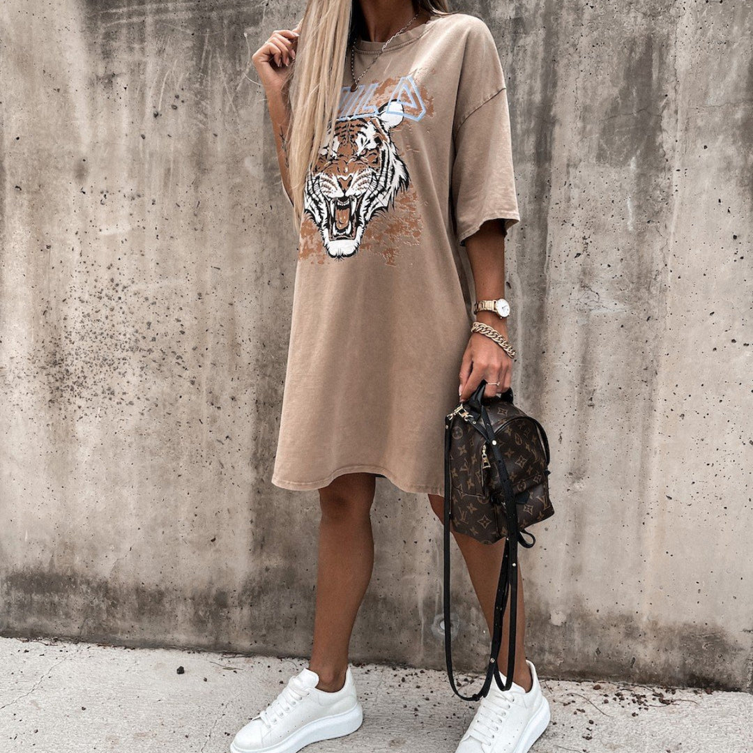 Kvinne Oversized T-skjorte Kjole med Tigertrykk Skjora