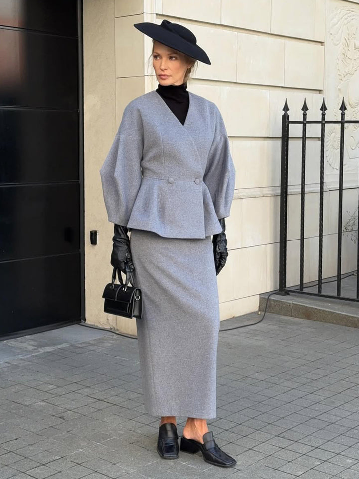 Dame Elegant Blyantkjole med Chic Blazer Topp og Puff Ermer Skjora