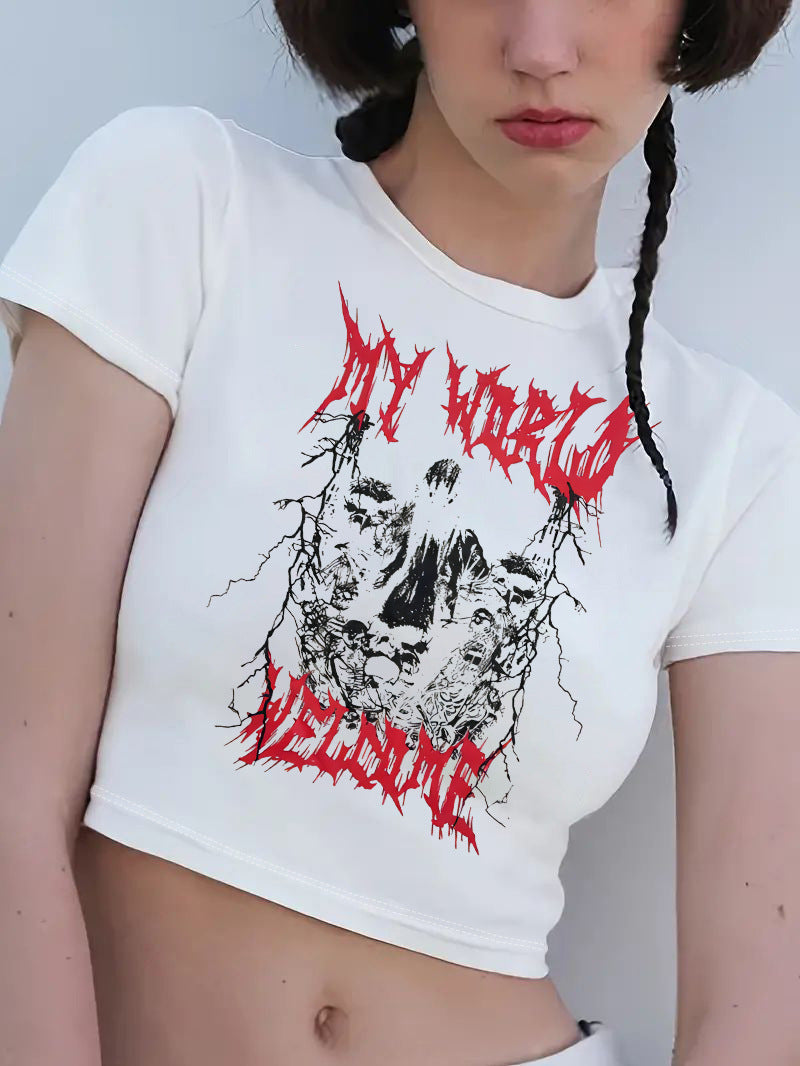 Dame Crop-T-skjorte med kreativt skjelettdesign og inspirerende tekst Skjora
