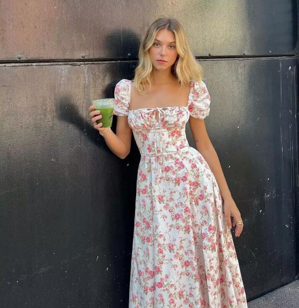Women's Summer Floral Dress with High Neckline and Puff Sleeves Skjora