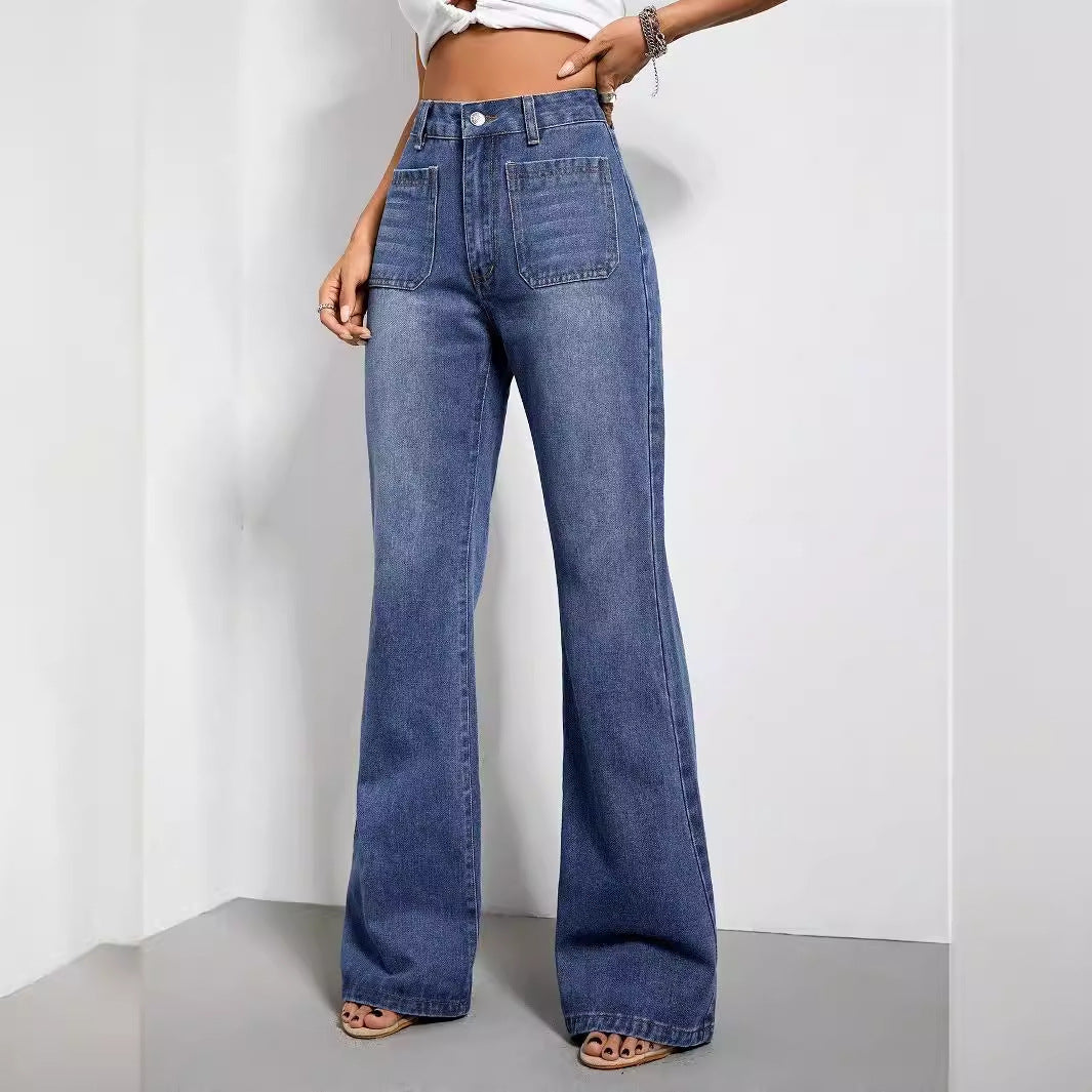 Kvinners løse høyt liv jeans med sidelommer og avslappet snitt Skjora