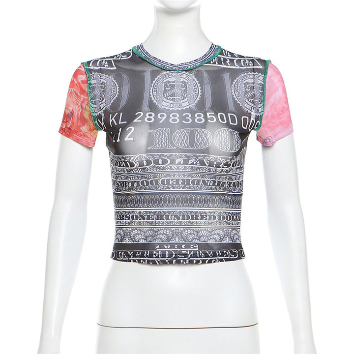 Dame Crop-Top med kunstnerisk pengemotiv og fargerikt ærmedesign Skjora