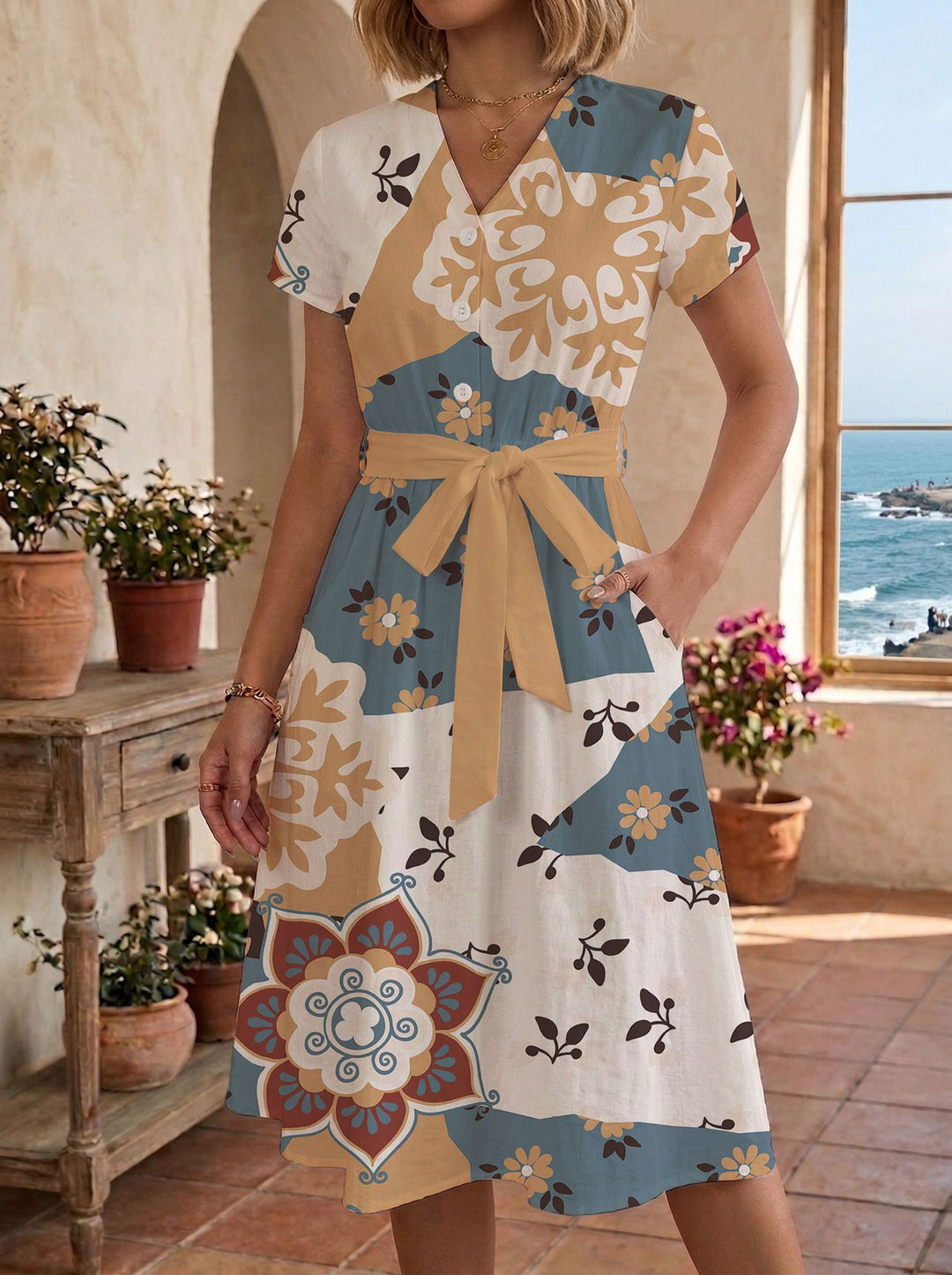 Damen Sommerliches Kleid mit taillierbarem Bindegürtel und floralem Muster Skjora