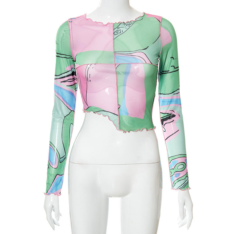 Dame Crop-Top med kreative grafiske trykk og figursydde snitt Skjora