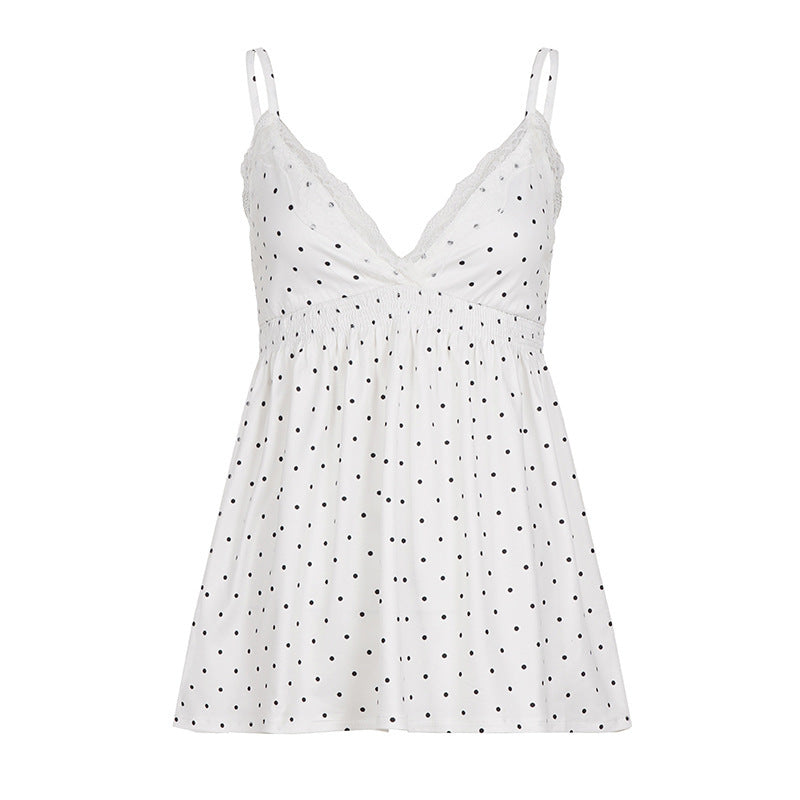 Dame Spaghetti-top med blomstrede blonde detaljer og elastisk linning Skjora