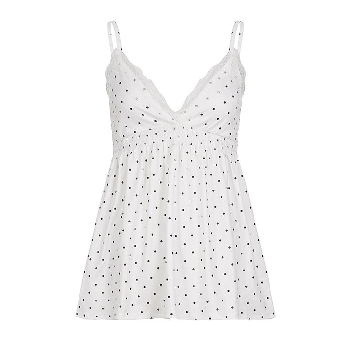 Dame Spaghetti-top med blomstrede blonde detaljer og elastisk linning Skjora
